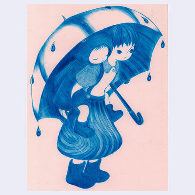 Blue ink illustration on pink paper of 2 girls, one is larger and holds the other on her back under and umbrella.