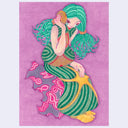 Colorful illustration of a mermaid with green hair and a striped dress with a starfish pattern. She sits on a geode and holds a seashell up to her ear on a purple background.