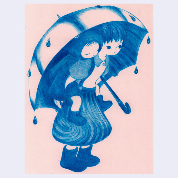 Blue ink illustration on pink paper of 2 girls, one is larger and holds the other on her back under and umbrella.