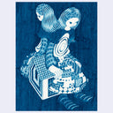 Blue monotone illustration of 2 large girls, sitting atop of a small house. The girls have their backs to one another and wear very patterned clothing.