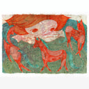 Artistic depiction of a woman with red hair and leaning over and looking at three horses walking around a circle on a textured background