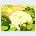 A stylized illustration of a sleeping cream-colored dog nestled among green watermelons and vines, with yellow stars and a warm yellow-orange background.