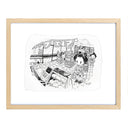 Framed artwork of a cartoon character dressed in traditional Japanese attire standing in line at a convenience store, holding a basket with a small dog standing behind them.