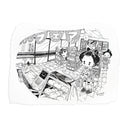 Illustration of a cartoon character dressed in traditional Japanese attire standing in line at a convenience store, holding a basket with a small dog standing behind them.