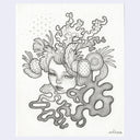Graphite illustration of a woman's head with sea flora around her head.