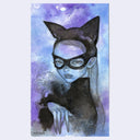 Watercolor illustration of a woman with a Cat Girl costume, a black eye mask and cat ears.