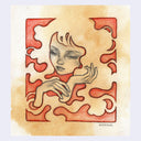 Graphite illustration on coffee stained paper of a woman with 2 hands and hair with a red outline.