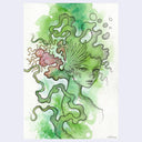 Green watercolor illustration of a nude woman's bust with sea flora coming out her head.