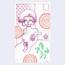 Colored pencil illustration of a woman with a trendy straight line haircut of purple line art. 