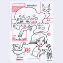 Ink illustrations on white paper with red color accents of 2 several women, a cat and a bird motif.