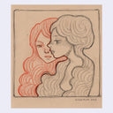 Artistic depiction of two faces with red and beige hair on a textured beige background.
