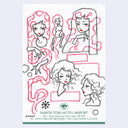 Several doodles on a note paper from "Narita Tobu Hotel Airport" of women, posed with different hair and at different angles - all above the shoulder.