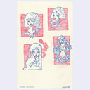Four illustrations of a stylized woman with red and blue outlines on a yellow background.