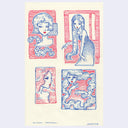 Four stylized illustrations of a woman's face with different hairstyles on a light yellow background.