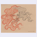 Artistic drawing of a woman with flowing hair on beige paper.