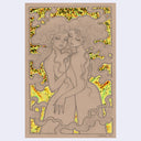 Illustration of 2 woman, hugging one another both with long, flowing hair. Background is cut out to reveal a gold foil backing.