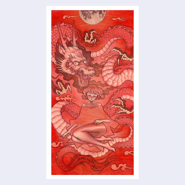 Illustration of a woman with bare legs, sitting with her knees pulled towards her. A large dragon wraps around itself behind her. Half of a moon hangs overhead. Piece is monochromatic in red. 