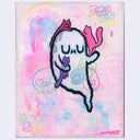 Colorful abstract painting of a ghost character with cats climbing on it, against a pink background with doodles.