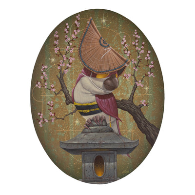Painting on oval shaped panel of a pink bird wearing a straw hat and perched atop of a stone lantern.
