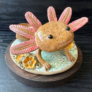 Ceramic sculpture of a cute axolotl, brown in color with pink color accents. It looks up at the viewer and is on a base of coral.