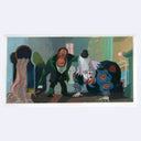 Painting based on a film still from Babe - Pig in the City of a clown and a monkey wearing a green suit, looking surprised in a backstage setting.
