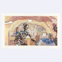 Painting based on a film still from Star Wars of C3PO talking to R2D2 inside of a well lit area.