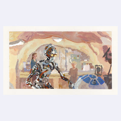 Painting based on a film still from Star Wars of C3PO talking to R2D2 inside of a well lit area.