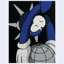 Painting on canvas of a blue and white cartoon character with a spiked crown, facing upside down and holding onto a gray sphere.