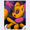 Painting of an orange cartoon cat with "x" eyes and a surprised open mouth expression.