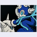 Painting of a blue and white cartoon character, squatting down with their hand on a skull.