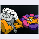 Painting of a cartoon character flower with an orange body, laying on the ground with a gray melty orb on its body.