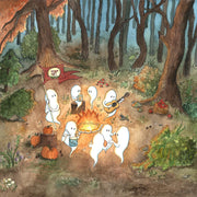 Watercolor of an outdoor forest campfire scene, with ghosts sitting around and celebrating. Some play music, some dance, one holds and banner and the others converse. 
