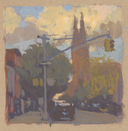 An impressionistic painting of an urban street scene with a tall church tower, trees, a utility pole, and a hanging traffic light, rendered in warm beige, yellow, blue, green, and brown tones.
