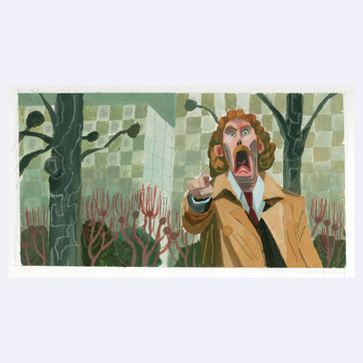Painting based on a film still from Invasion of the Body Snatchers, of a very surprised looking man pointing with his jaw dropped.