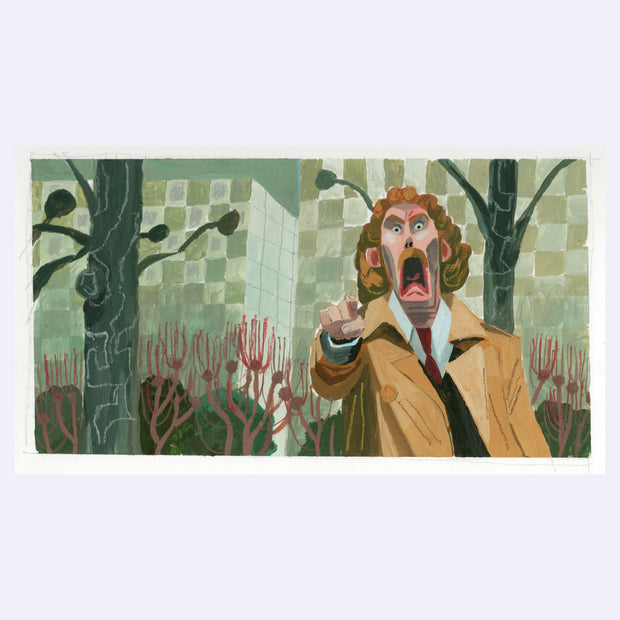 Painting based on a film still from Invasion of the Body Snatchers, of a very surprised looking man pointing with his jaw dropped.