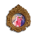 An ornate gold oval picture frame featuring a colorful painted cat illustration with a pink and white cat against a purple and blue background, shown on a plain white background.