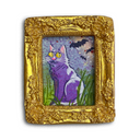 A square decorative gold picture frame containing a whimsical painting of a purple and white cat with yellow eyes, set against a light gray background.