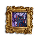 A small framed art print featuring a black cat with glowing blue eyes and red accents against a purple background, enclosed in an ornate gold picture frame.