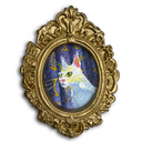An ornate oval gold picture frame containing a painted portrait of a white cat with yellow and pink details against a textured blue-purple background, shown on a plain white background.