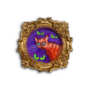 An ornate round gold frame featuring a colorful illustration of an orange cat with green eyes on a purple background, set against a plain white backdrop.