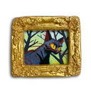 A square decorative gold frame holding a colorful artwork of a cat in a dark forest at night, shown on a plain white background.
