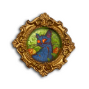 A circular art piece featuring a blue cat with glowing orange eyes on a green textured background, framed in an ornate gold-colored frame.