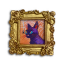 A framed artwork featuring a purple cat with blue eyes on an orange background, enclosed in an ornate gold frame.