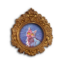 An ornate oval gold picture frame featuring a colorful illustration of a pink cat with yellow eyes on a textured blue background, shown against a plain white background.