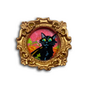 A circular artwork featuring a black cat illustration with colorful eyes, set within an ornate gold frame against a pink background.