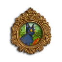 An ornate oval gold picture frame featuring a colorful illustration of a black cat with yellow eyes on a green and orange background, shown against a plain white background.