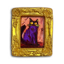A square gold picture frame featuring a textured, colorful painting of a black cat with glowing yellow eyes and green whiskers, set against a plain white background.