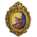 An ornate oval gold picture frame containing a textured painting of a brown cat with glowing orange eyes against a yellow and blue background, isolated on a white background.