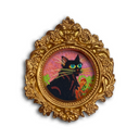An ornate oval gold frame featuring a colorful illustration of a black cat with green eyes on a pink background, set against a plain white backdrop.