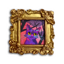 A framed artwork featuring a stylized purple cat with yellow eyes against a pink and purple background, enclosed in an ornate gold picture frame on a white background.